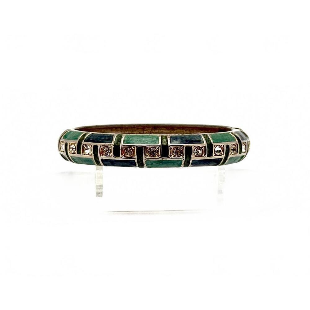 Green Enamel Hinged Bangle Bracelet w/ Rhinestones – Gold Tone – Vintage Style - Picture 4 of 8
